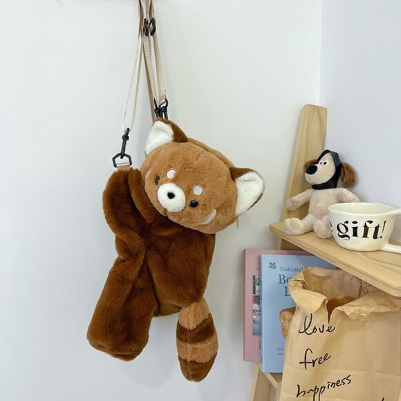 Large Red Panda Shoulder Bag - Ultra-Soft Plush Backpack with Zipper Storage - Picture 2 of 7